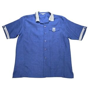 Silver Silk Linen Silk Blend Camp Shirt Men's Size L Blue Short Sleeve Trim Y2K